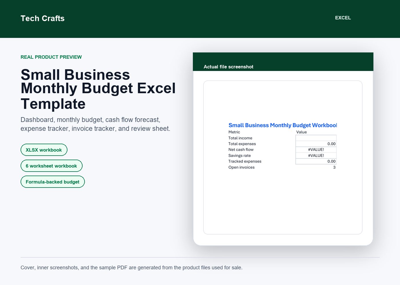 Small Business Monthly Budget Excel Template - cover screenshot